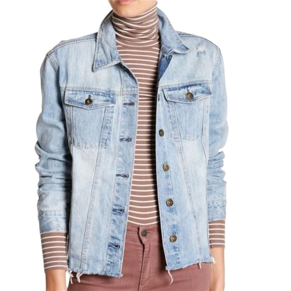 Pistola Cropped Denim Long Sleeve Jacket Raw Hem Size Medium Blue